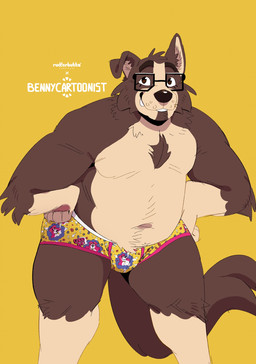 anthro briefs briefs_only brown_body brown_eyes brown_fur bulge clothed clothing eyewear fingers front_view fur glasses hand_on_hip humanoid_hands looking_at_viewer male overweight overweight_anthro overweight_male rectangular_glasses simple_background smile solo standing tail tan_body tan_fur thick_thighs topless topless_anthro topless_male underwear underwear_only yellow_background bennycartoonist rudderbutts benny_(bennycartoonist) canid canine canis mammal wolf colored hi_res portrait shaded three-quarter_portrait