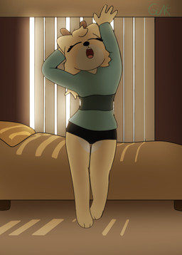 anthro antlers bed black_clothing black_nose black_underwear blinds blue_clothing blue_shirt blue_topwear ceiling clothing eyelashes eyes_closed feet female fur furniture hair horn light open_mouth pattern_clothing pillow shirt solo stretching striped_clothing stripes topwear underwear walking window yawn yellow_body yellow_fur guak mia_miller_(guak) deer mammal new_world_deer reindeer absurd_res hi_res