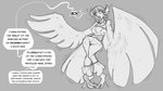 anthro avian_feet beak breasts dialogue feathered_wings feathers female genitals human_to_anthro jewelry knock-kneed mostly_nude necklace nipples pussy solo species_transformation standing text transformation wings watsup avian bird 16:9 2023 english_text greyscale monochrome sketch widescreen