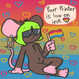 anthro black_eyes bob_cut brown_body brown_fur can_tab dialogue ear_piercing eyewear female flag flag_(object) fur glasses gradient_background green_hair hair heart_symbol holding_flag holding_object lgbt_pride pansexual_pride_colors pattern_background piercing pink_body pink_inner_ear pink_skin pride_color_background pride_color_flag pride_colors pride_heart simple_background solo striped_background text young young_anthro young_female bunnyqueen soda_(bunnyqueen) mammal mouse murid murine rodent 1:1 english_text hi_res