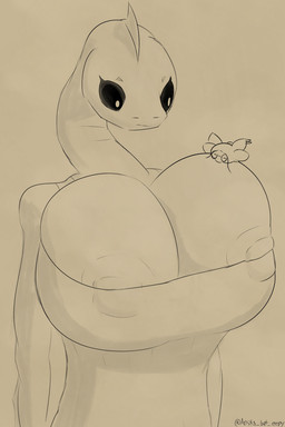 anthro big_breasts breasts clothing duo female huge_breasts nipple_slip nipples non-mammal_breasts non-mammal_nipples shirt size_difference tank_top topwear ansia_(artist) ansia_(character) amphibian aquatic axolotl eel fish mole_salamander salamander 2:3 absurd_res hi_res monochrome