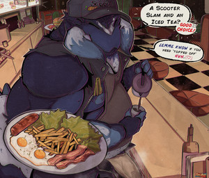 anthro apron arthropod_abdomen bacon belly beverage biped bulge clothing coffee coffee_cup container cup detailed_bulge diner eyes_closed food fried_egg fries genital_outline holding_object holding_plate inside lettuce male male_anthro mandibles meat muscular muscular_anthro muscular_male overweight overweight_male penis_outline plant plate restaurant sausage smile solo text vegetable toshiakar arachnid arthropod mygalomorph spider tarantula english_text hi_res