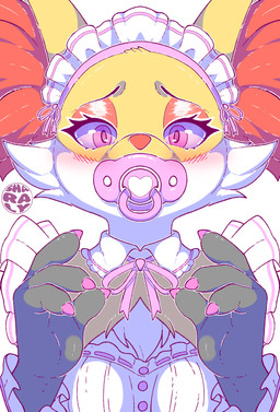 adult_baby ageplay anthro clothed clothing colored_nails eyebrows eyelashes eyeshadow female fingers fur hair infantilism looking_at_viewer maid_headdress maid_uniform makeup nails object_in_mouth pacifier pacifier_in_mouth roleplay solo uniform white_body white_fur yellow_body yellow_fur sharalythesheep nintendo pokemon canid canine delphox fox generation_6_pokemon mammal pokemon_(species) absurd_res colored digital_drawing_(artwork) digital_media_(artwork) hi_res