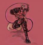 anthro ball_gag bdsm big_ball_gag big_tail bondage boots bound bulge clothed clothing footwear fur gag gagged gimp harness hero latex leather male muscular muscular_anthro muscular_male rope shoes simple_background solo superhero tail whip noahsense safeword_(character) mammal procyonid raccoon absurd_res hi_res