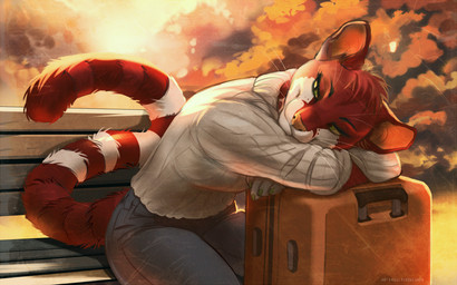 anthro biped bottomwear breasts claws clothed clothed_anthro clothed_female clothing female fingers front_view fully_clothed fully_clothed_anthro fully_clothed_female fur green_eyes outside pants red_body red_fur sitting smile solo sweater tail topwear whiskers white_body white_fur koul felid feline mammal 16:10 2026 digital_drawing_(artwork) digital_media_(artwork) widescreen