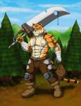 abs anthro bag bandage belt biceps big_muscles blue_nose body_markings boots brown_fur chest_tuft claws clenched_teeth clothing eye_patch eyewear fangs feline footwear forest forrest fur green_eyes hair kraidhiel male mammal markings muscles nipples orange_fur pads pants pecs pose scar solo standing stripes sword tan_fur teeth tiger toned topless tree tuft warrior weapon
Rating: Safe
Score: 2
User: mj
Date: January 12, 2014