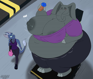 2_horns anthro areola areola_slip belly beverage big_areola big_belly big_breasts biped blush breasts clothing duo eyes_closed eyewear female glasses grey_body grey_skin gym gym_bag high-angle_view holding_beverage holding_object horn huge_belly huge_breasts larger_anthro larger_female navel nipple_slip nipples one_breast_out onomatopoeia overweight overweight_anthro overweight_female size_difference smaller_anthro smaller_female sound_effects standing tail text thick_thighs treadmill walking wardrobe_malfunction robthehoopedchipmunk mythology tulip_(rthc) dragon elephant elephantid mammal mythological_creature mythological_scalie proboscidean scalie 2021 digital_drawing_(artwork) digital_media_(artwork)