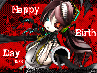 blue_eyes breasts clothing cosplay cybernetic_eye cybernetics female glowing glowing_eyes grey_clothing grey_shirt grey_topwear hair happy_birthday long_hair looking_at_viewer machine medium_breasts not_furry pink_hair ponytail red_background shirt simple_background solo text topwear deino_(artist) vocaloid yamaha_corporation calne_ca megurine_luka nato-kun arthropod crustacean humanoid isopod malacostracan robot robot_humanoid 2009 3d_(artwork) 4:3 autodesk_3ds_max_(artwork) bust_portrait digital_media_(artwork) english_text portrait