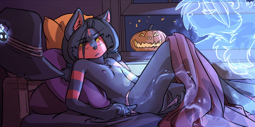 adolescent blush breasts clothed clothing clothing_aside female food fruit genitals group hat headgear headwear holidays lying panties panties_aside pillow plant pumpkin topless underwear underwear_aside vulva young domovoi_lazaroth halloween nintendo pokemon fan_character ni_(domovoi_lazaroth) generation_7_pokemon ghost litten pokemon_(species) spirit 2018 digital_media_(artwork) shaded