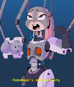 amputee anthro armor blue_background breastplate buckteeth cable clothing cybernetics disability disassembled disassembly ears_down electricity eyebrows eyelashes female fur gloves grey_body grey_fur half-closed_eyes handwear machine metallic_body multicolored_body multicolored_fur narrowed_eyes open_mouth pink_nose pivoted_ears purple_eyes rabbit_ears robot_gore robotic_arm robotic_parts scar simple_background solo teeth text tongue white_body white_fur wire pandaz09 disney robocop_(franchise) zootopia judy_hopps cyborg european_rabbit lagomorph leporid mammal oryctolagus rabbit 2021 crossover digital_drawing_(artwork) digital_media_(artwork) english_text hi_res