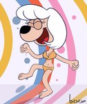 anthro bikini breasts cleavage clothed clothing dancing eyes_closed female fist hair midriff open_mouth solo swimwear two-piece_swimsuit white_hair bitsofjam janey_poodle underdog_(series) sweet_polly_purebred canid canine canis domestic_dog mammal 2023 absurd_res hi_res