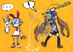 anthro bat_(object) clothing ellipsis exclamation_point hat headgear headwear humanoid_pointy_ears orange_background simple_background cate_wurtz disgaea nippon_ichi_software kazamatsuri_fuuka pleinair usagi-san demon demon_humanoid human humanoid lagomorph leporid mammal rabbit hi_res