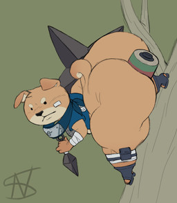 5_fingers anal anal_penetration anthro band-aid bandage big_butt black_eyes black_nose bottom_heavy butt buttplug clothed clothing cropped_jacket curvy_figure dot_eyes eyebrows femboy fingers floppy_ears huge_butt huge_thighs kunai male naruto_headband ninja no_underwear pantsless penetration plant plug_(sex_toy) sex_toy shortstack shortstack_male simple_eyes solo tail thick_thighs tree voluptuous voluptuous_anthro voluptuous_male warrior weapon nightsome okinashiri_(coleson) canid canine canis domestic_dog mammal shiba_inu spitz hi_res