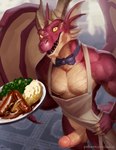 anthro apron bow_tie brown_body brown_horn brown_scales clothed clothing food genitals glans horn male mashed_potatoes meat membrane_(anatomy) membranous_wings penis red_body red_scales sausage scales serving_food solo tail topless wings yellow_eyes enkiefa blizzard_entertainment european_mythology mythology warcraft dracthyr dragon humanoid mythological_creature mythological_scalie scalie western_dragon