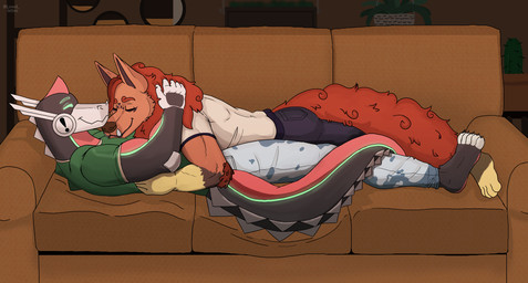 anthro claws cuddling curly_hair duo fluffy fluffy_tail fur furniture glowing hair latex machine male male/male orange_body orange_fur sofa tail lewd_latte alligator alligatorid android canid canine crocodilian mammal reptile robot scalie hi_res