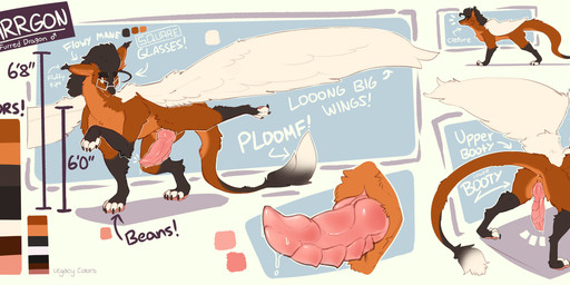 animal_genitalia anus big_penis black_body black_claws black_ear_tips black_eyebrows black_fur black_legs black_mane black_tail black_toe_claws black_tuft bodily_fluids brown_body brown_eyes brown_fur brown_legs brown_tail brown_tuft calf_tuft cheek_tuft claws close-up color_swatch countershade_fur countershade_legs countershade_neck countershade_tail countershade_torso countershading dipstick_ears dipstick_tail dripping ear_markings ear_tuft eyebrows eyewear facial_tuft feathered_wings feathers feral flesh_fang fur genital_close-up genital_fluids genital_slit genitals glasses inner_ear_fluff knot knotted_penis leg_tuft looking_at_viewer looking_back looking_back_at_viewer male mane markings multicolored_ears multiple_poses neck_tuft orange_body orange_countershading orange_fur orange_inner_ear_fluff orange_tail orange_tuft pawpads penis pink_pawpads pink_penis pose precum precum_drip presenting pupils quadruped ridged_penis slit_pupils smile smirk smug smug_grin solo standing tail tail_markings tail_tuft text thigh_tuft tuft white_body white_eyewear white_feathers white_fur white_glasses white_tail white_tail_tip white_toes wings kojisauce mythology tarrgon dragon furred_dragon furred_scalie mythological_creature mythological_scalie scalie 2026 absurd_res clip_studio_paint_(artwork) digital_drawing_(artwork) digital_media_(artwork) english_text hi_res model_sheet