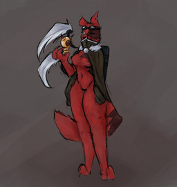 anthro cape clothing eye_scar eyewear eyewear_on_head facial_scar female fur genitals goggles goggles_on_head nipples nude red_body scar simple_background solo tail vulva weapon alexleviafan rain_world videocult artificer_(rain_world) mammal slugcat digital_media_(artwork)