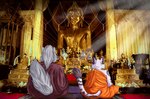 anthro buddhism buddhist_priest_outfit duo female jaxs male male/female meditation religion shrine eifiemoth lord_katsumoto_moritsugu_wolf canid canine canis felid leopard mammal pantherine wolf absurd_res hi_res