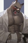 abs anthro bandage belt black_belt blush canid canine canis clothing hachi_duchi hi_res looking_at_viewer male mammal muscular pecs simple_background solo topwear