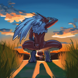 anthro backsack balls biped blue_eyes blue_sky claws cloud day flaccid fur genitals glans hair humanoid_genitalia humanoid_penis male nude outside penis pink_glans pink_penis red_body red_tail scut_tail scuted_arms scutes short_tail sky solo sun tail toe_claws white_body white_fur white_hair yellow_body yellow_fur joeyjazz nintendo pokemon avian blaziken generation_3_pokemon pokemon_(species) 1:1 2023 absurd_res colored hi_res