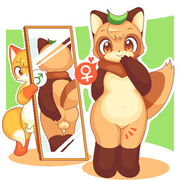 anthro backsack balls blush brown_body brown_eyes brown_fur butt countershading dipstick_tail duo female_symbol flaccid fur gender_symbol genitals head_tuft heart_symbol kemono leaf leaf_on_head legs_together looking_at_viewer male male_symbol markings mirror multicolored_tail navel neck_tuft nude object_on_head penis penis_tuck reflection shota small_penis solo_focus standing symbol tail tail_markings tanuki_leaf text tuft yellow_body yellow_fur young young_anthro takiune_(pixiv) canid canine fox mammal raccoon_dog tanuki 1:1 2020 aliasing digital_media_(artwork) low_res translated