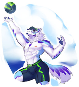 abs anthro bottomwear clothing facial_markings fur hat head_markings headgear headwear male markings muscular muscular_anthro muscular_male nipples pecs shirtless shirtless_anthro shirtless_male shorts solo sport visor_cap volleyball white_body white_fur yummi_yam_i lifewonders live_a_hero sadayoshi canid canine mammal hi_res