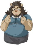 anthro bottomwear clothing eyewear glasses humanoid_hands kemono male overweight overweight_anthro overweight_male pants shirt simple_background solo topwear white_background train_(artist) felid lion mammal pantherine 2021 hi_res