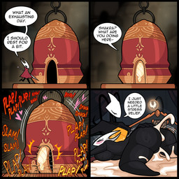 2_horns 4_panel_comic after_sex antennae_(anatomy) anthro black_body black_eyes black_text blush bodily_fluids breasts building butt cloak clothing crossgender cum dialogue door duo empty_eyes excessive_cum excessive_genital_fluids exclamation_point eyelashes eyes_closed female fingers ftg_crossgender fti_crossgender genital_fluids genitals gynomorph gynomorph/female hand_on_butt horn house intersex intersex/female melee_weapon motion_lines nude plap_(sound) questionable_consent red_cloak red_clothing sound_effects speech_bubble sweat sweatdrop talking_to_another text vulva walking weapon yellow_text idolomantises hollow_knight:_silksong hollow_knight_(franchise) team_cherry hornet_(hollow_knight) shakra_(hollow_knight:_silksong) arthropod 1:1 2025 absurd_res comic english_text hi_res