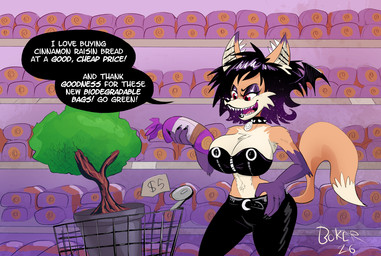 alternative_fashion anthro belt big_breasts black_belt black_bottomwear black_choker black_clothing black_jewelry black_necklace black_pants black_speech_bubble bottomwear bread breasts cheek_tuft choker cleavage clothed clothing dialogue ear_piercing eyeshadow facial_tuft female food fur goth hair head_wings industrial_piercing industrial_piercing_ladder jewelry makeup necklace open_mouth orange_body orange_fur pants parody piercing potted_tree price_tag purple_body purple_eyeshadow purple_fur purple_hair red_eyes sharp_teeth shopping shopping_cart small_waist smile solo supermarket tail talking_to_self tan_body tan_fur teeth text topwear tube_top tuft unusual_wing_placement wings boker murrlogic1 laura_derose bat-eared_fox canid canine fox mammal 2026 artist_name english_text signature