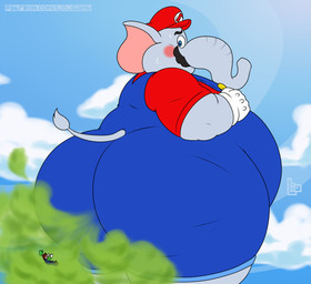 anthro belly big_butt blue_eyes blush bodily_fluids bubble_butt butt clothing duo embarrassed extreme_size_difference eyes_closed facial_hair falling fart fart_cloud farting_at_viewer farting_on_another hat headgear headwear looking_at_another looking_back male mustache overalls size_difference straining struggling surprised sweat sweatdrop thrown wide_eyed liogiant mario_bros nintendo super_mario_bros_wonder elephant_mario luigi mario elephant elephantid human mammal proboscidean digital_media_(artwork) hi_res brother_(lore) brothers_(lore) sibling_(lore)