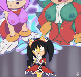 anthro black_hair blush breast_squeeze breasts clothing dress exposed_breasts female female/female flashing flashing_breasts gloves group hair handwear jacket leaning leaning_forward leaning_on_object lesbian_thoughts nervous nipples pigtails smile squeezing suit tail thinking thought_bubble tight_fit topwear trio innotsu sega sonic_the_fighters sonic_the_hedgehog_(series) amy_rose breezie_the_hedgehog honey_the_cat absurd_res hi_res