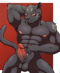 abs anthro balls black_body black_fur erection fur genitals humanoid_genitalia humanoid_hands humanoid_penis looking_at_viewer male manly melanistic muscular muscular_anthro muscular_male navel nipples nude pecs penis quads red_eyes simple_background solo vein veiny_penis iriai_inasa knights_college theo_prinz_von_hirschreich felid mammal pantherine