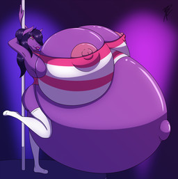 anthro areola belly big_belly big_breasts breasts clothed clothing dancing female fur hair huge_belly huge_breasts hyper hyper_belly hyper_breasts hyper_pregnancy legwear lipstick makeup navel nipples partially_clothed pole pole_dancing pregnant pregnant_female pregnant_humanoid purple_body purple_fur purple_hair skimpy solo stripper thigh_highs brasslion equid equine horse humanoid mammal 2017 colored digital_drawing_(artwork) digital_media_(artwork) hi_res shaded signature