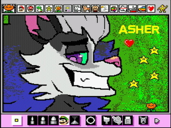 anthro eyebrows flower fur green_background green_sclera grin grinning_at_viewer hair heart_symbol male multicolored_body multicolored_fur plant purple_eyes screencap simple_background smile smiling_at_viewer star teeth text thick_eyebrows rodricoro mario_paint fan_character canid canine mammal digital_media_(artwork) dithering headshot_portrait mario_paint_(artwork) portrait