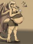 anthro belly big_belly big_breasts blush breasts brown_background brown_body brown_eyes brown_hair brown_scales clothing dessert eating female food hair ice_cream looking_at_viewer nipples non-mammal_breasts pregnant scales simple_background smile solo stretch_marks tail text translucent translucent_clothing wings beuwens-folder mythology dragon mythological_creature mythological_scalie scalie 3:4 hi_res