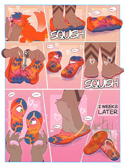 4_toes anthro blue_pawpads blush bodily_fluids brown_body brown_fur claws clothing clothing_transformation dirty duo feet flattened flattening_fetish flip_flops foot_fetish foot_focus foot_lick foot_play foot_sniffing footprint footwear fur green_eyes heart_symbol licking male male/male orange_body orange_fur pawpads paws pink_pawpads plantigrade sandals shoes smelly sniffing soles text toes tongue tongue_out transformation luciotheartistxy boof_(brotherboofer) squishdingo_(character) canid canine canis fox mammal comic english_text hi_res
