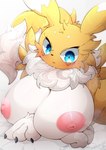 anthro areola big_breasts blue_eyes blush breasts female fur nipple_dip nipples nude simple_background solo white_body white_fur yellow_body yellow_fur hinata_sakamoto bandai_namco digimon canid canine digimon_(species) mammal renamon