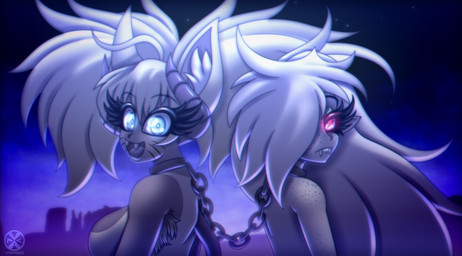ahoge armpit_hair big_breasts blue_eyes body_hair breasts chain chain_leash cleavage clothed clothing curvy_figure duo eyebrows eyelash_fetish eyelashes fangs female female/female freckles hair horn leash long_hair looking_at_viewer markings monster_girl_(genre) mouth_closed night nude open_mouth open_smile red_eyes side_boob slim smile teeth thick_eyelashes whisker_markings vrabo lsd_(vrabo) tina_(vrabo) animal_humanoid canid canine humanoid hybrid mammal succubus vampire hi_res widescreen