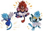 anthro bare_chest barefoot blue_hair claws clothing feet finger_claws gloves group hair handwear keikogi male martial_arts_uniform pawpads pecs red_hair smile smirk sportswear super_saiyan super_saiyan_4 super_saiyan_blue tongue tongue_out topwear trio vest d_norainu_b dragon_ball dragon_ball_super gogeta vegito domestic_cat felid feline felis mammal hi_res