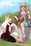 acoustic_guitar anthro blush blush_lines clothed clothing duo eyes_closed female female/female fur guitar heart_symbol kneeling musical_instrument plucked_string_instrument singing sitting string_instrument tan_body tan_fur white_body white_fur tsarinart tsarina berger_blanc_suisse canid canine canis domestic_dog fox herding_dog mammal pastoral_dog hi_res