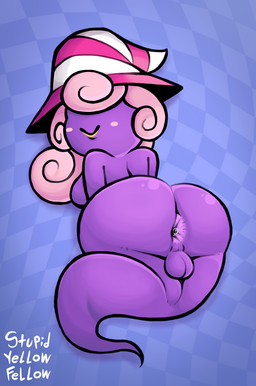 anus balls big_butt breasts bubble_butt butt butt_focus clothing genitals ghost_tail gynomorph hair hat headgear headwear huge_butt intersex legless lipstick makeup not_furry nude nude_gynomorph pink_hair presenting presenting_hindquarters purple_body purple_skin simple_background smile solo text wide_hips witch_hat yellow_lipstick stupid_yellow_fellow mario_bros nintendo paper_mario paper_mario:_the_thousand_year_door vivian_(mario) humanoid shadow_siren spirit artist_name hi_res trans_(lore) trans_woman_(lore)