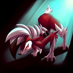 2016 absurd_res ambiguous_gender anthro black_background black_claws black_nose canid canine claws fangs feet fur generation_7_pokemon hair hi_res lycanroc mammal midnight_lycanroc night nintendo pokemon pokemon_(species) red_body red_eyes red_fur seon-tc sharp_teeth simple_background solo teeth toe_claws toes white_body white_fur white_hair