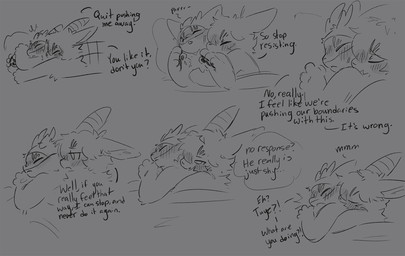 ambiguous_gender anthro bed bedding blanket blush cheek_tuft chest_tuft dialogue duo ear_piercing facial_tuft furniture horn hug looking_pleasured mask neck_tuft pawpads paws piercing pillow purring rubbing simple_background text tuft sabiksphinx asian_mythology chinese_mythology east_asian_mythology fabulous_beasts fenz_(studio) mythology sibuxiang_the_deer_(fabulous_beasts) tuye_(fabulous_beasts) deer lagomorph mammal moon_rabbit comic english_text hi_res monochrome sketch