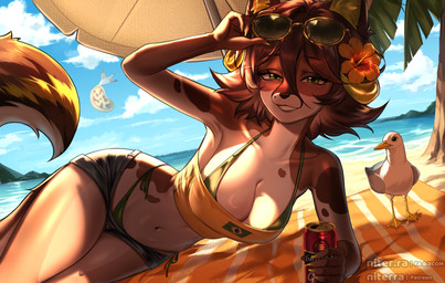 alcohol anthro beach beer belly beverage bottomwear brazil breasts brown_hair clothing eyewear eyewear_on_head female fluffy fluffy_ears fluffy_tail food green_eyes hair horn navel pizza shorts slim solo summer sunglasses sunglasses_on_head swimwear tail thick_thighs wearing_sunglasses niterra nirael_nattskrack_(niterra) avian bird canid canine fox gull lari larid mammal absurd_res hi_res