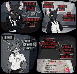 4_panel_comic 5_fingers accessory annotations anthro belt biped black_belt black_body black_clothing black_eyebrows black_fur black_hair black_nose black_shirt black_text black_topwear book bottomwear brown_bottomwear brown_clothing brown_pants buckle button_(fastener) cabinet claws clothing collared_shirt confusion detailed_background dialogue duo ear_piercing eye_bags eyebrow_through_hair eyebrows eyewear fangs finger_claws fingers five_o'clock_shadow formal_wear fur gesture glasses gold_(metal) gold_button_(fastener) gold_glasses gold_piercing gold_watch grey_body grey_fur grey_hair grey_inner_ear_fluff hair hand_in_pocket happy inner_ear_fluff inside interjection kitchen knife looking_at_another looking_at_viewer male markings multicolored_body multicolored_fur necktie open_book open_mouth pants paper piercing pink_eyes pink_inner_ear pink_sclera pockets post-it_note question question_mark recipe red_text scribbles shirt sink smile snout speech_bubble star sticker stickers_on_object stubble suit suit_jacket teeth text topwear translucent translucent_hair tuft two_tone_body two_tone_fur wall_(structure) wearing_glasses white_clothing white_markings white_necktie white_sclera white_shirt white_suit white_suit_jacket white_text white_topwear yellow_star suitedwolfie cain_(suitedwolfie) k_(suitedwolfie) bat canid canine canis mammal northwestern_wolf wingless_bat wolf 2026 artist_name comic digital_drawing_(artwork) digital_media_(artwork) english_text hi_res watermark