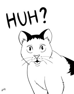 black_body black_fur ears_up eyebrows feral fur looking_at_viewer male open_mouth question_mark solo text tongue whiskers white_body white_fur chisheq domestic_cat felid feline felis mammal hi_res meme monochrome sketch