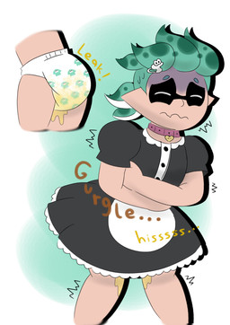 bodily_fluids clothed clothing collar collar_tag cutaway diaper diaper_under_clothing genital_fluids green_eyes leaking_diaper maid_uniform male omorashi poop_desperation printed_diaper pseudo_hair shaking solo sound_effects tentacle_hair tentacles trembling unclean_diaper uniform urine used_diaper using_diaper wearing_diaper wet_diaper wetness_indicator wetting wetting_diaper cookiepamps nintendo splatoon levi_(fatcat4t4) aquatic cephalopod humanoid mollusk octarian octoling 2025 absurd_res digital_drawing_(artwork) digital_media_(artwork) hi_res