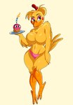 anthro beak big_breasts black_eyes breasts clothing cupcake featureless_breasts female fingers food panties simple_background solo underwear yellow_body vanillabeangoat five_nights_at_freddy's five_nights_at_freddy's_2 scottgames cupcake_(fnaf) toy_chica_(fnaf) avian bird chicken galliform gallus_(genus) phasianid 2024 digital_media_(artwork) hi_res