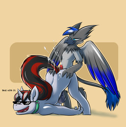 anthro beak bodily_fluids collar cum cum_on_tail duo erection eyewear feathered_wings feathers genital_fluids genitals horn male male/male nude open_mouth penis sex simple_background small_penis sunglasses tail text why wings ratcha deal_with_it hasbro my_little_pony mythology fan_character quantum_shift avian equid equine gryphon horse mammal mythological_avian mythological_creature mythological_equine pony unicorn digital_media_(artwork) english_text hi_res shaded