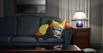 anthro ball beverage blue_eyes cheek_tuft chest_tuft container cup facial_tuft female fur furniture genitals inner_ear_fluff inside lamp looking_at_viewer lying nude pussy sofa solo tuft yellow_body twotails nintendo pokemon braixen generation_6_pokemon mammal pokemon_(species) absurd_res hi_res